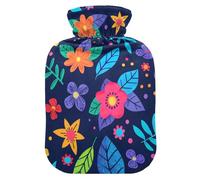 Multicolored Flowers Black Travel hot Water Bottle with Soft Cover, 1L hot compresses for The Body for ( Scenario), Menstrual Cramps, Bolsa para agua Caliente para Dolor