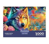 Multicolored Wolf Surrounded by Flowers And A Glowing Village 1000-Piece Jigsaw Puzzle Enchanted Spirit Wolf - Family Game Night Essential, Adults & Kids 70x50cm/1000pcs