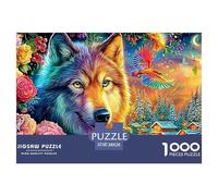 Multicolored Wolf Surrounded by Flowers And A Glowing Village 1000-Piece Jigsaw Puzzle Enchanted Spirit Wolf - Perfect for Family Bonding, Adults & Kids 38x26cm/1000pcs