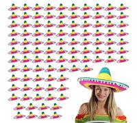 Multicolour Mexican Sombrero - Pack of 100 - Straw Sombrero with White Pom Poms - Straw Hat Fancy Dress Costume Ideal for Hen/stag Night, Summer, Beach Party, Wholesale Bulk