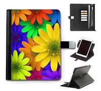 Multicolour Rainbow Flowers iPad Case For Apple iPad Models 10, 9, 8, 7, 6, Air 11, Pro 12.9,13 inch, Mini, 360 Swivel Leather Side Flip Wallet Folio Cover with Stand Feature, Card Slots, Paper Slot