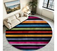 Multicolour Stripe Block Round Rug 90 cm, Modern Washable Area Carpet | Bright Geometric Circle Floor Mat, Non-Slip Soft Low Pile Base, Contemporary Accent Rug for Bedroom & Living Room