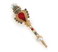 Multicoloured Crystal Pearl Royal Scepter Brooch in Matte Gold Tone Finish - 65mm Long