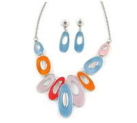 Multicoloured Enamel Geometric Oval Station Necklace and Drop Earrings Set/Rhodium Plating/ 40cm L/ 7cm Ext