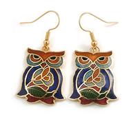 Multicoloured Enamel Owl Drop Earrings In Gold Tone Metal - 45mm Long