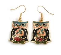 Multicoloured Enamel Owl Drop Earrings In Gold Tone Metal - 45mm Long