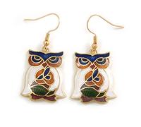 Multicoloured Enamel Owl Drop Earrings In Gold Tone Metal - 45mm Long