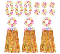 Multicoloured Hawaiian Hula Skirt and Multicoloured Lei Set X3 - Flower Necklace, Headband and Bracelet - 80cm Grass Hula - Luau - Fancy Dress Costume Accessory