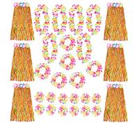 Multicoloured Hawaiian Hula Skirt and Multicoloured Lei Set X6 - Flower Necklace, Headband and Bracelet - 80cm Grass Hula - Luau - Fancy Dress Costume Accessory
