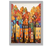 Multicoloured House Street In Autumn Contemporary Folk Art Painting Artwork Framed Wall Art Print A4 Artery8 Light Grey One Size