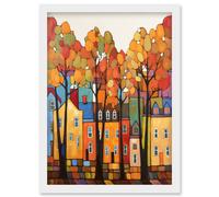 Multicoloured House Street In Autumn Contemporary Folk Art Painting Artwork Framed Wall Art Print A4 Artery8 White One Size