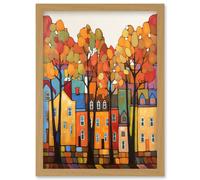 Multicoloured House Street In Autumn Contemporary Folk Art Painting Artwork Framed Wall Art Print A4 Artery8 Light Oak One Size