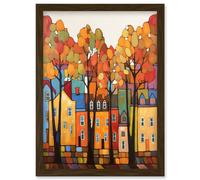 Multicoloured House Street In Autumn Contemporary Folk Art Painting Artwork Framed Wall Art Print A4 Artery8 Brown One Size