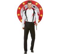 (multicoloured, M) Knife Thrower Costume Men Red White shirt with suspenders and hook and loop target plate diameter Male costume Size