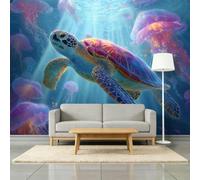 Multicoloured Photo Mural Wallpaper 200W x 140H cm, Ocean Animal Turtle Jellyfish Coral Reef Durable Non-Woven Wall Art for Living Room Office Nursery - Multicoloured Tear-Resistant Wallpaper Poster