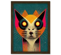 Multicoloured Retro Cyborg Cat Hybrid In Teal Background Artwork Framed Wall Art Print A4 Artery8 Brown One Size