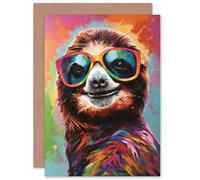 Multicoloured Smiling Sloth Wearing Sunglasses Funny Animals Birthday Sealed Greeting Card Plus Envelope Blank inside