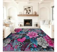 Multicoloured Washable Rug 140 x 200 cm, Abstract Oil Painting Soft Short Pile Non slip Rug, Doodle Flower Heart Carpet for Living Room Bedroom Dining Room