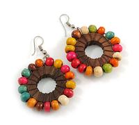 Multicoloured Wood Bead Hoop Drop Earrings (Silver Tone Metal) - 65mm Long