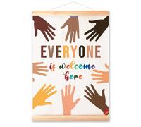 Multicultural Diversity Equality Poster Hanger Frame for Classroom School Nursery Wall Decor,Every One is Welcome Here Classroom Canvas Wall Art Poster Print Wall Hanging 16x12in