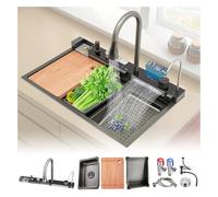 Multifunctal Stainless Steel Waterfall Kitchen Sink with Digital Display Single Bowl t & PullOut Faucet (Black 80x46x22cm) Modern Design for Efficient Cooking