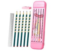 Multifunction Pencil Case, Pencil Box Organizer | Pencil Storage Organizer Box - Hard Wax Box with 5 Pencils, Eraser, Ruler for Kids, Girls, Students, pink, Consulte la descripción, See description