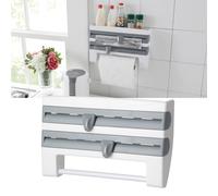 Multifunction Plastic Wrap Storage Rack Cling Film Dispenser, Cutter, Foil & Paper Towel Holder (Gray-Blue)
