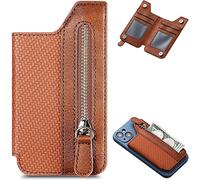 Multifunctional Adhesive Phone Wallet Card Holder,Universal Cell Phone Stick On Card Wallet Sleeve with Zipper,Textured Leather Mobile Stand for Back Case,Flip Bracket (Brown)