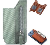 Multifunctional Adhesive Phone Wallet Card Holder,Universal Cell Phone Stick On Card Wallet Sleeve with Zipper,Textured Leather Mobile Phone Stand for Back Case,Flip Bracket (Green)