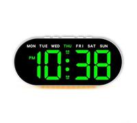 Multifunctional alarm clock with large LED display showing temperature, adjustable ambient light, day of the week display, and date in alarm function (Green light)