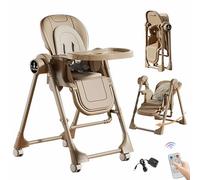 Multifunctional Baby High Chair, Foldable with Remote Control, 5-Point Safety Belt, 2-Tier Split Tray Design, Adjustable Reclining Seat, for 0-6 Years Baby (Electric Khaki)
