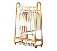 Multifunctional Bamboo Clothes Rack on Wheels 3 5 Hook Hanging Rail & Shoe Storage Shelf Portable Garment Stand for Bedroom & Living Room (Wood 100CM)