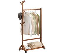 Multifunctional Bamboo Clothing Rack with 4 Wheels Open Wardrobe for Clothes & Shoes Portable Garment Rack for Bedroom Entryway & Living Room