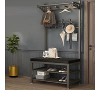 Multifunctional Black Entryway Coat Rack with Bench Metal Hallway Shoe Storage with Seating 4 Hooks for Coats and Bags Ideal for Hall or Bedroom