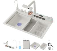 Multifunctional Black Stainless Steel Kitchen Sink with Waterfall Faucet Digital Display Dual Mode and Accessories - White 85x45x22CM - Enhance Your Kitchen Experience!