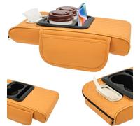 Multifunctional Car Armrest Cushion, Leather Auto Armrest Cushion Center Console Cover with Tissue Box and Cup Holder, Universal Fit for Most Vehicles,Preventing Arm Fatigue for Long Journeys(yellow)