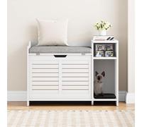 Multifunctional Cat Litter Box Enclosure Furniture, Hidden Litter Box Cabinet with Cushion Top, Dual Barn Doors & Scratch Pad, Wooden Nightstand End Table for Living Room, Bedroom, Hallway