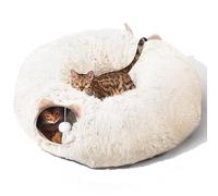 Multifunctional Cat Tunnel and Bed - Soft Plush Peekaboo Donut Tunnel, Hideplace for Small, Medium, Large Cats, Kittens, Rabbit, Ferret - Cream White