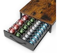 Multifunctional Coffee Pod Holder for Nespresso Vertuo 48-24 Capsules & 32 Dolce Gusto Pods, Small Vertuoline Pods Storage Drawer with Wooden Top, Vintage Non-Slip Sliding Metal Coffee Capsule Holder
