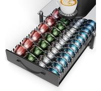 Multifunctional Coffee Pod Holder for Nespresso Vertuo 48-24 Vertuoline Capsules & 32 Dolce Gusto Pods, Small Vertuo Pods Storage Drawer with Glass Top, Non-Slip Sliding Metal Coffee Capsule Holder