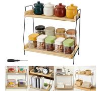 Multifunctional Coffee Station Organizer, 2 Tier Countertop Coffee Bar Accessories and Organizer, Wooden Coffee Stand Station, Coffee Storage Spice Rack Kitchen Shelf for Tea, Sugar, Spice, Matcha