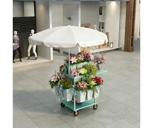 Multifunctional Flower Cart Display Stand with 18 Flower Buckets, Mobile Commercial Display Rack for Market Stall and Outdoor Pop-up Events(Mint Green)