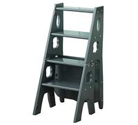 Multifunctional Gray Folding Wooden Ladder Stool - Compact Indoor Step Stool & Chair for Home Ideal for Makeup Resting & Space-Saving (35x47.5x88cm)