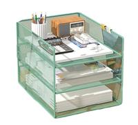 Multifunctional Green Metal Mesh File nizer - Three-Layer Office Desk Storage Rack for Efficient Document Management and Clutter-Free Workspace