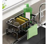 Multifunctional Kitchen Sink Storage Organiser, Black Stainless Steel Sponge Holder, Countertop Cleaning Rack with Removable Dish Cloth Hanger, Washing up Caddy for Kitchen Bathroom (Black)