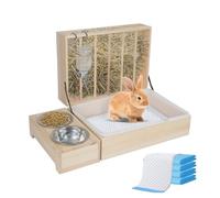 Multifunctional Large Hay Rack with Toilet, Hay Rack Rabbit Wood, Hay Rack, Complete with Drinker and Feeding Bowl, Suitable for Rabbits, Guinea Pigs, Hamsters, Small Animals (4 in 1)