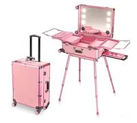 Multifunctional Makeup Luggage, Multimedia Bluetooth + Hidden Stand and Wheels, Touch LED Light, Makeup Travel Case for Makeup Artists and Beauticians,Pink
