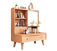 Multifunctional Makeup Vanity with Mirror & Drawer, Compact Dressing Table, Open Storage Compartments, Wooden Bedroom Dresser (60)