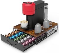 Multifunctional Metal Nespresso Vertuo Pod Holder for 60-30 Vertuo Capsules & 40 Dolce Gusto Pods,Vertuo Pods Storage Drawer with Wood Top Shelf,Coffee Capsule Holder for Counter