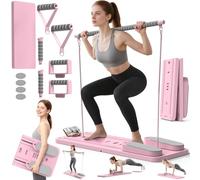 Multifunctional Pilates Board, Pilates Reformer Sets 7-in-1 Foldable Pilates Reformer Machine for Home Workout with Timer, Phone Holder, Push-up Bar, Ab Board, 330LBS Capacity Portable Set, Pink